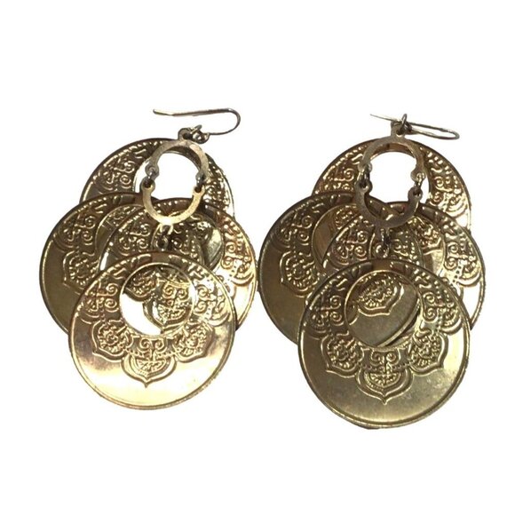 Vintage Gold-Tone Multi-Layer Circular Medallion Dangle Earrings With Intricate - Picture 2 of 2